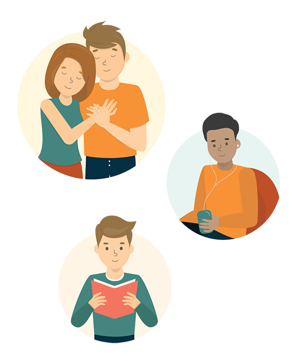 Three illustrations depict activities such as a couple cuddling, an individual listening to music and an individual reading